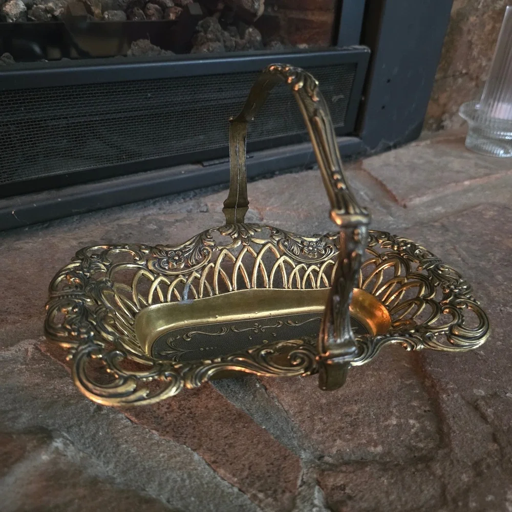 Vintage Italian Brass Bridal Bread Basket Vanity Tray 1950s Pierced Gold tone